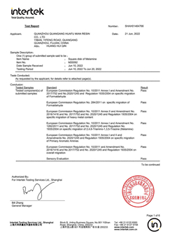 Sertifikat Intertek Melamin Huafu 2022